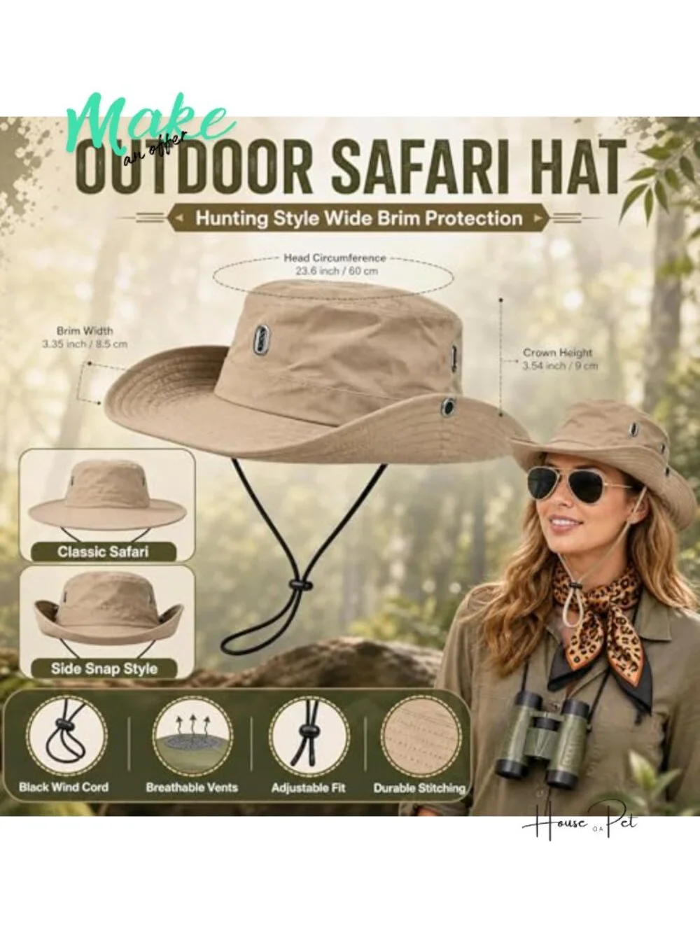 4-Piece Safari Costume Kit Sun Bucket Hat Leopard Scarf Binoculars Cosplay